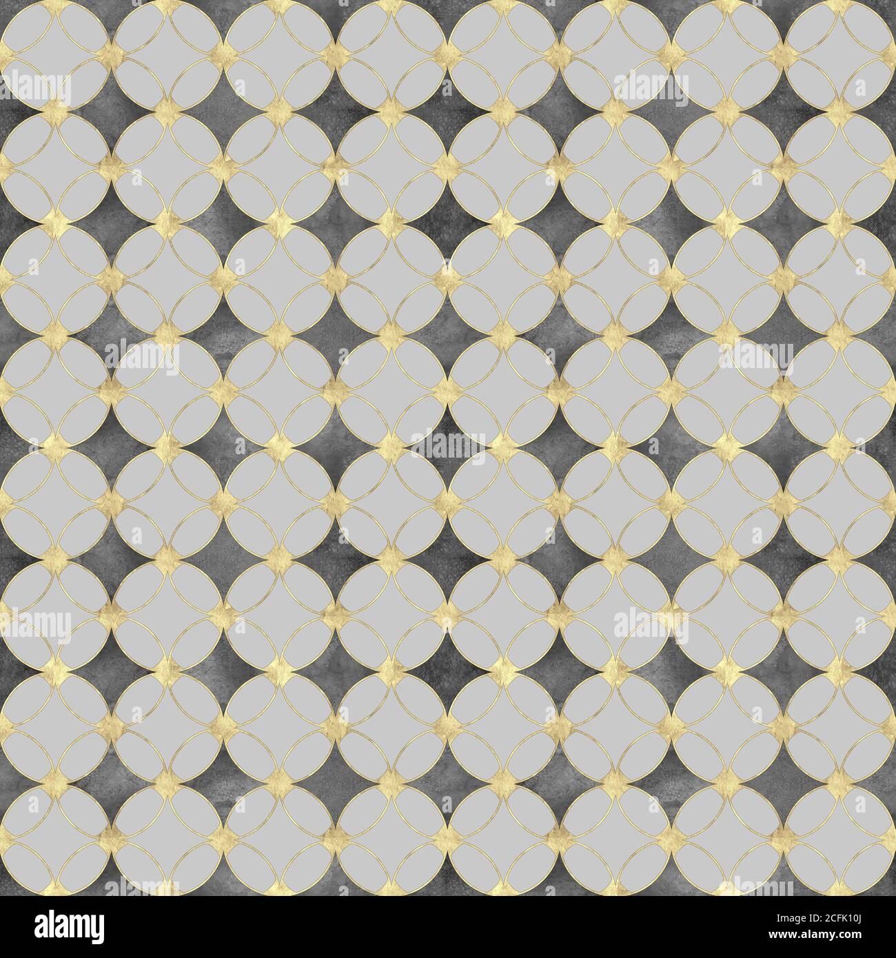 Seamless luxury black and white background with abstract vintage gold glitter pattern. Texture with overlapping circles and golden contour line. Print Stock Photo