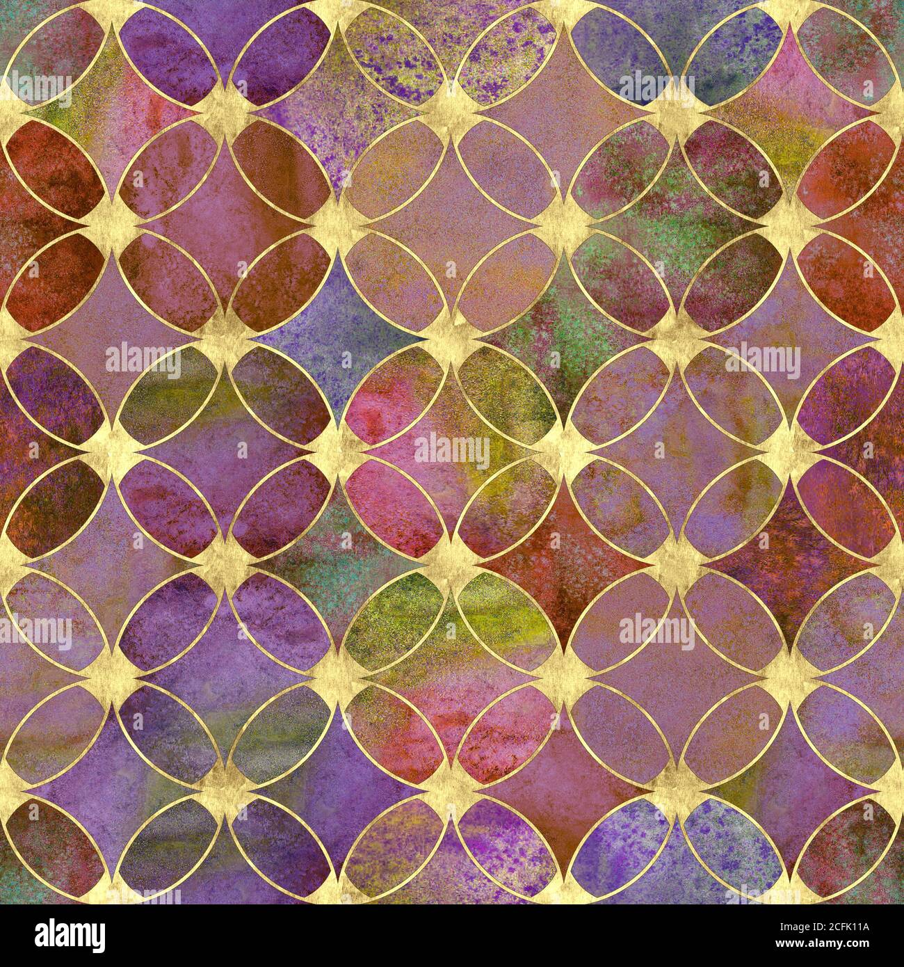 Seamless watercolour bright colorful gold glitter abstract texture. Watercolor hand drawn grunge background with overlapping circles and golden contou Stock Photo