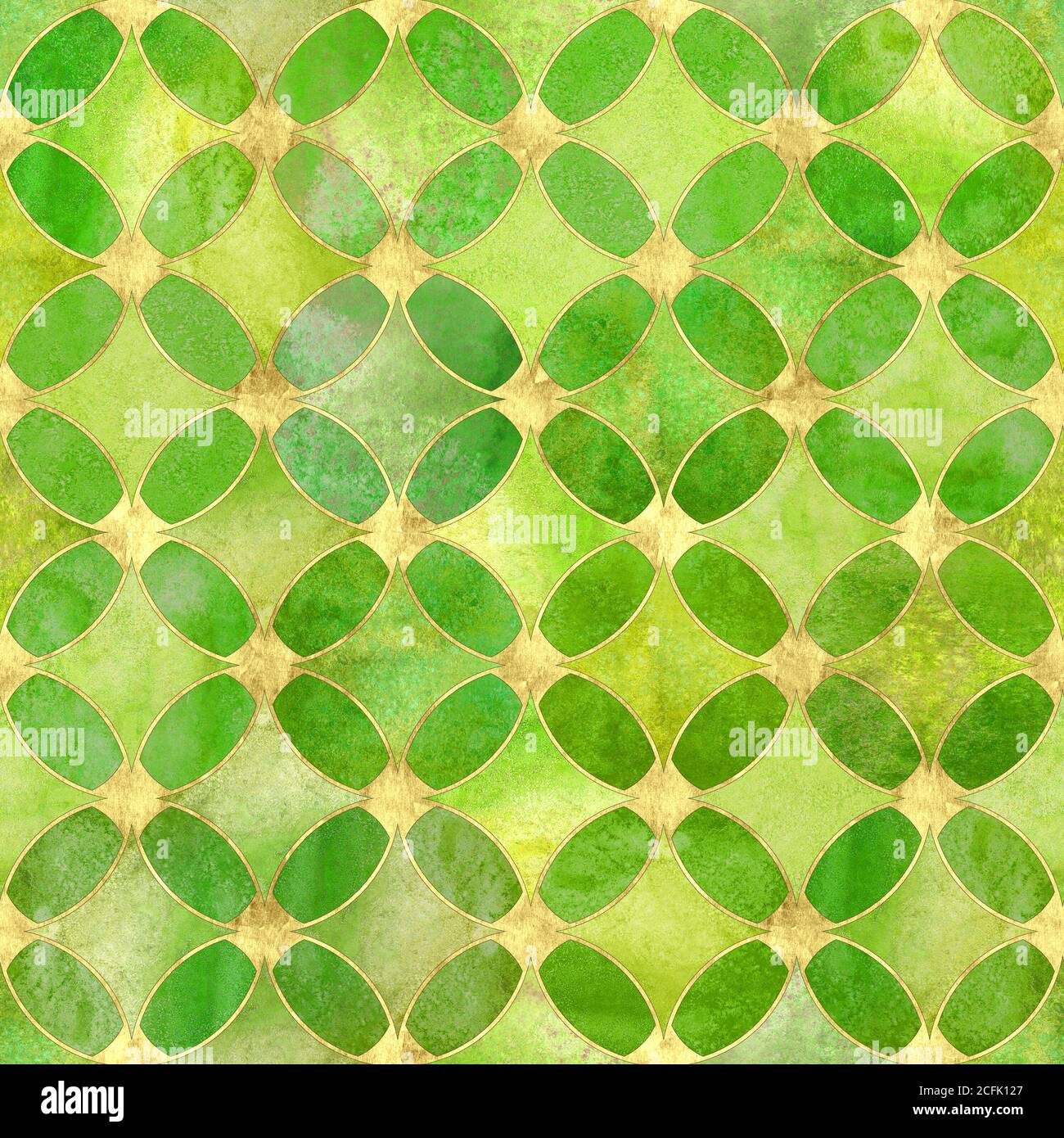 Seamless watercolour grunge yellow green gold glitter abstract texture. Watercolor hand drawn background with overlapping circles and golden contour p Stock Photo