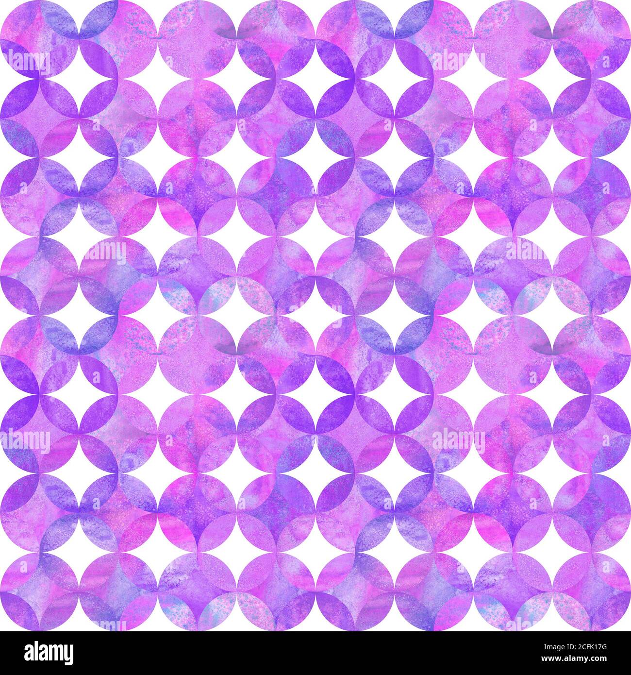 Abstract watercolor background with pink purple overlapping circles on white. Watercolor hand drawn seamless pattern. Watercolour round shaped texture Stock Photo