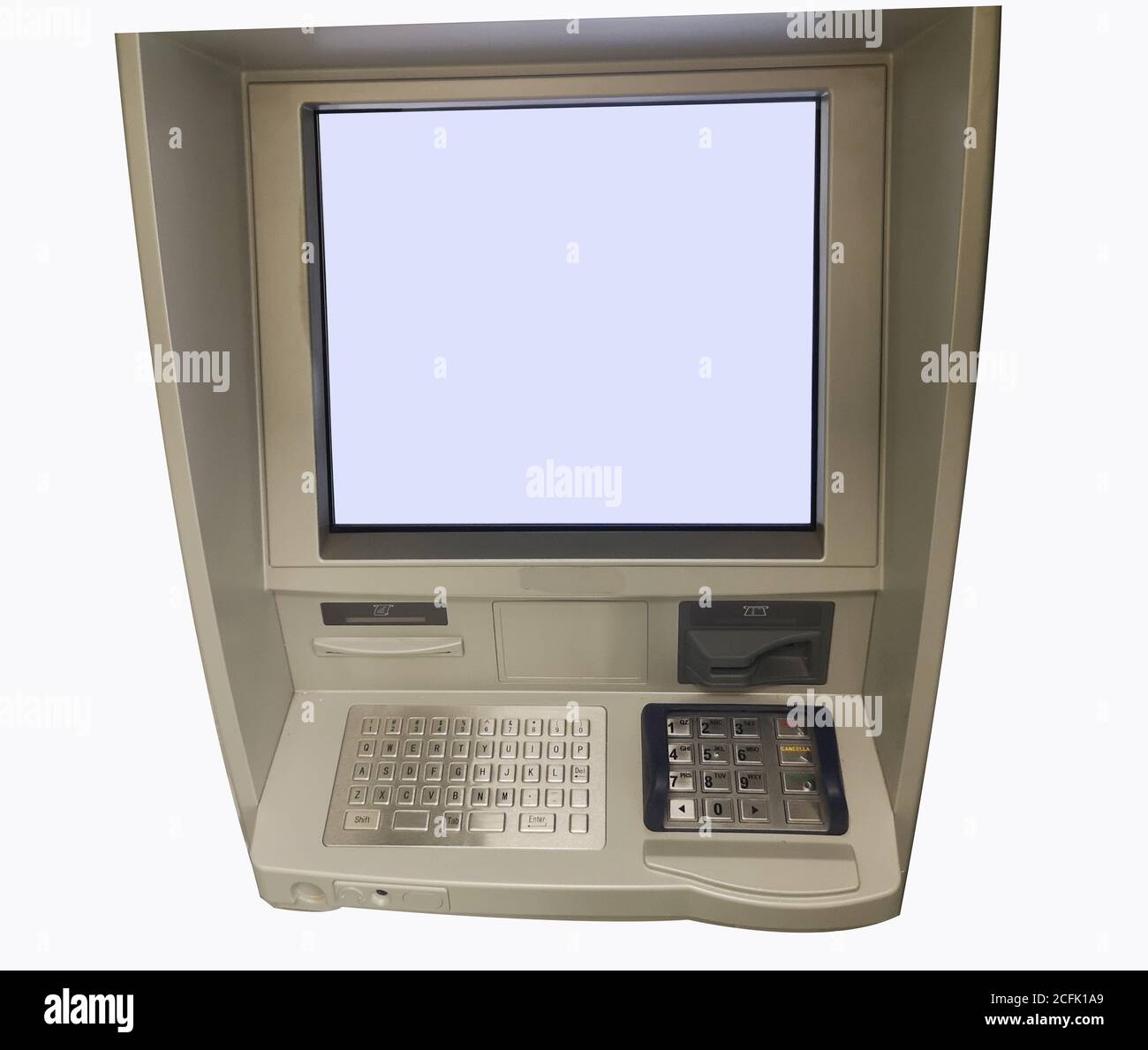 Closeup shot of an old atm machine isolated on a white background Stock  Photo - Alamy