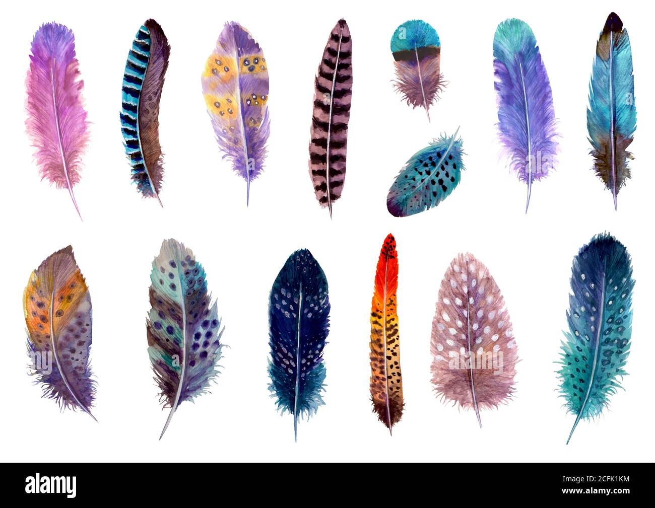 Set of watercolor blue feathers. Boho style. Hand-drawn ornament Stock  Photo - Alamy