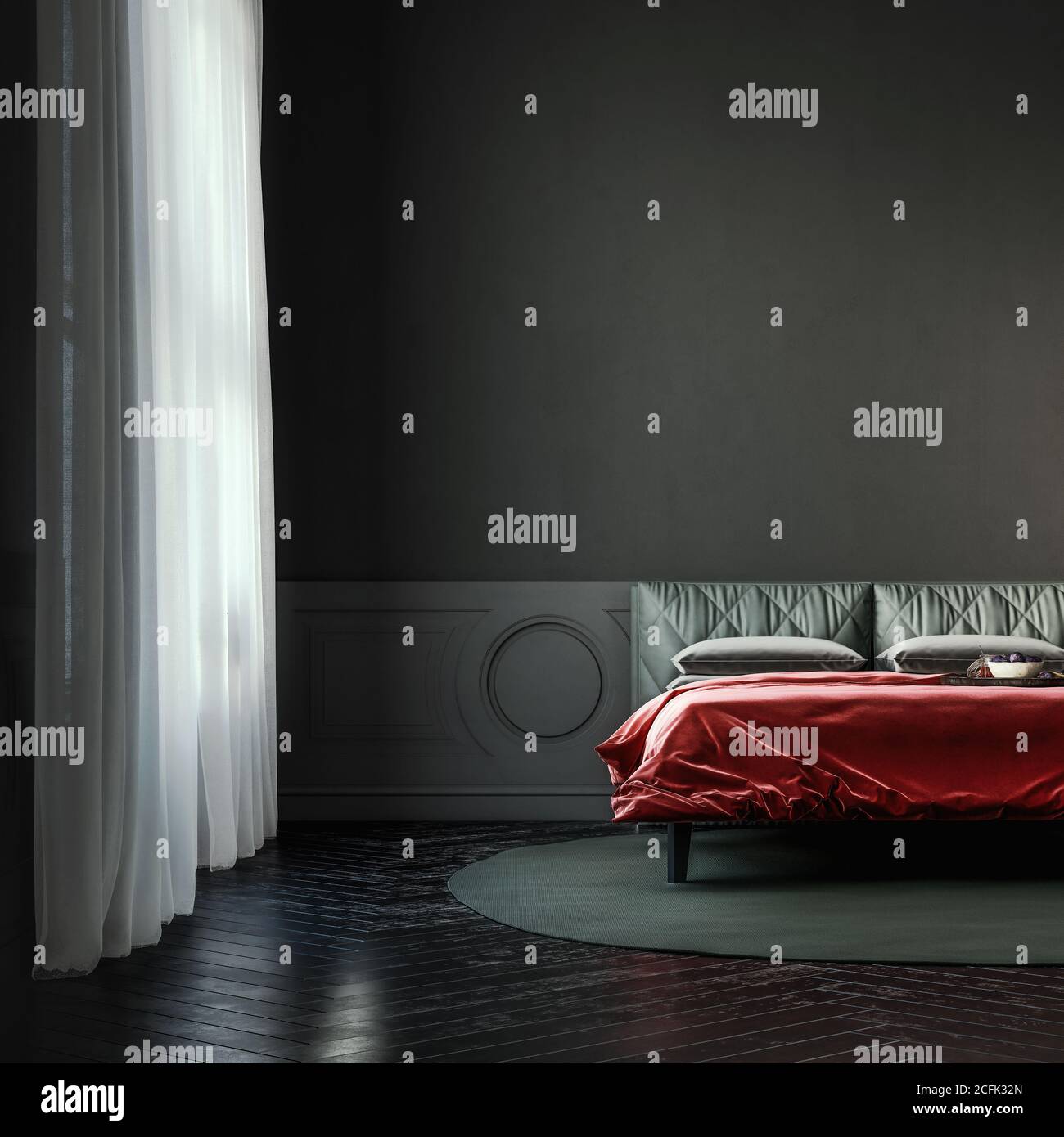 Dark gloomy bedroom with vibrant red color bedspread, noir style, mock-up with negative space, 3d render, 3d illustration Stock Photo