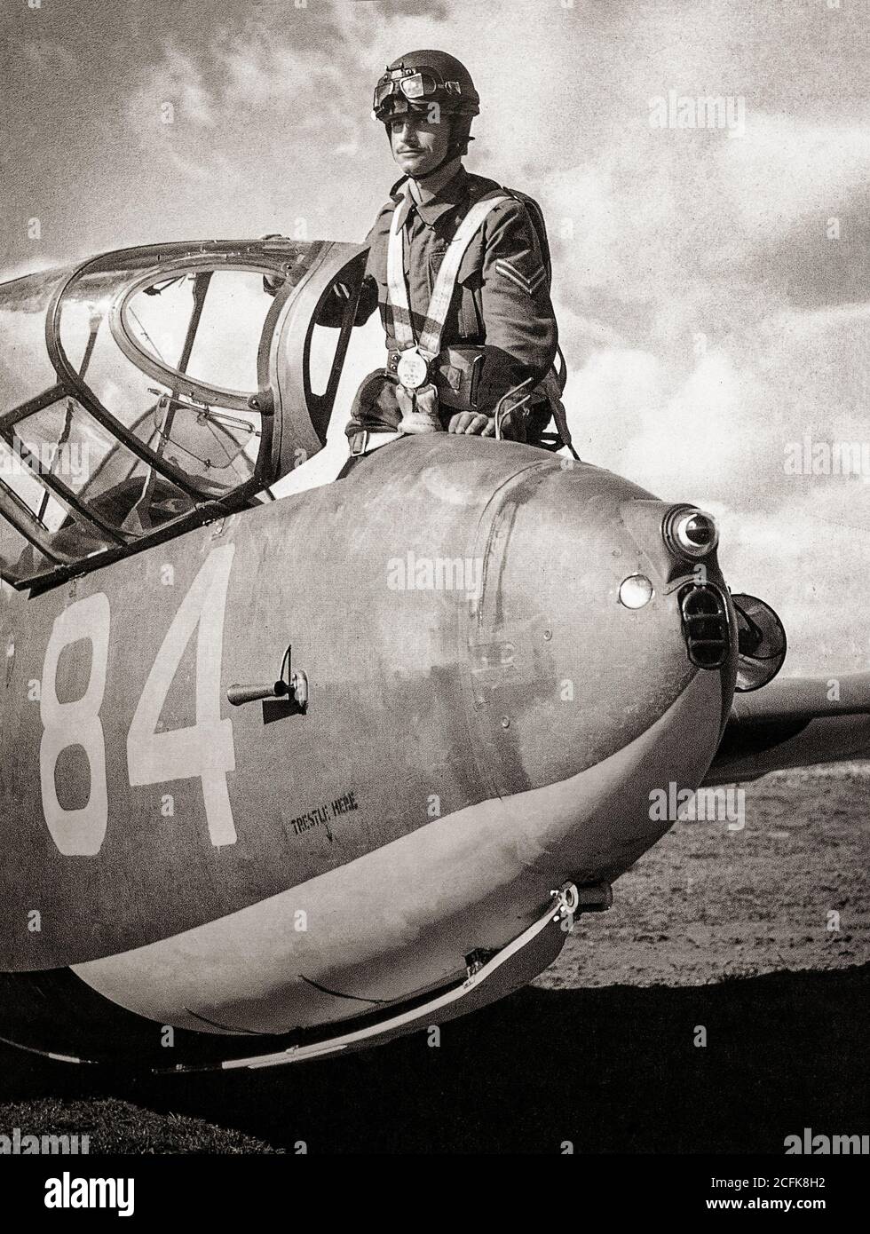 An army pilot in a Hotspur military glider designed and built by the British company General Aircraft Ltd during World War II. It was the glider in which all pilots belonging to the Glider Pilot Regiment received their initial instruction. Although relatively heavy with a high sink rate, the Hotspur exhibited good flying characteristics allowing novice pilots to quickly gain proficiency, but never saw operational use. Stock Photo
