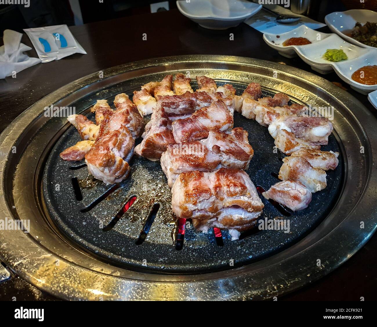 Samgyeopsal, grilled pork belly and Moksal, grilled pork neck popular