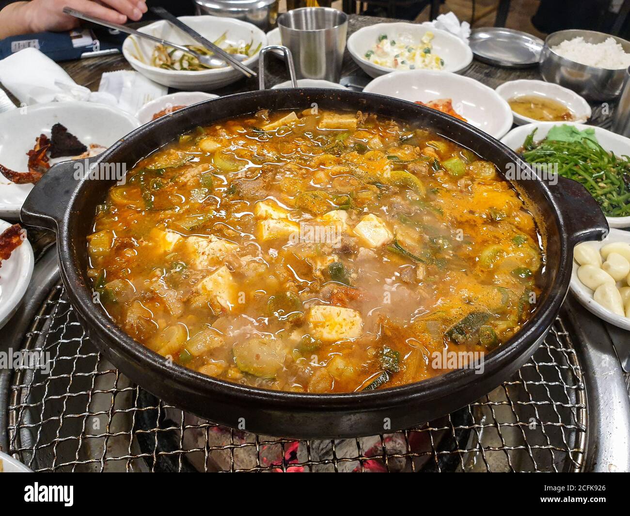 Doenjangjjigae, or fermented soybean paste stew. Popular stew in Korea