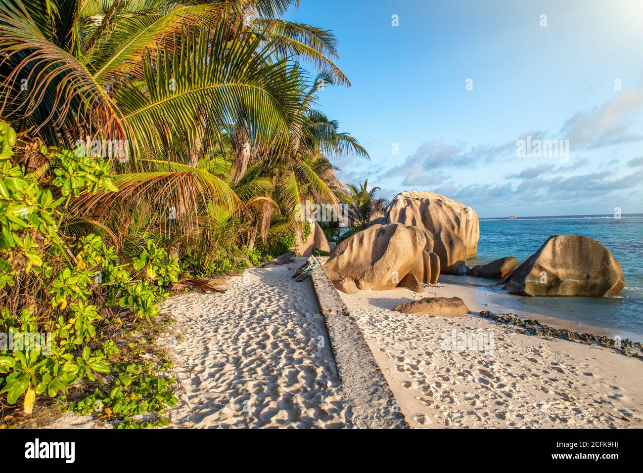 Granite Rocks of Seychelles Islands with beautiful background sky at sunset, Africa. Stock Photo