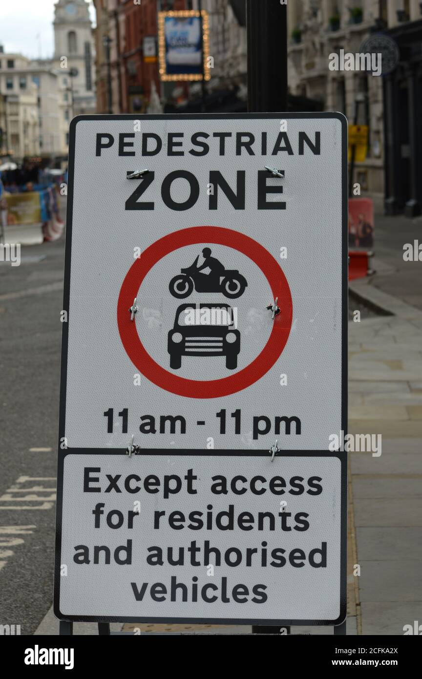 London, UK. 5 September 2020. A pedestrian zone sign placed on St Martins Lane, to promote car-free travel so journeys can be made on foot or cycle. Stock Photo