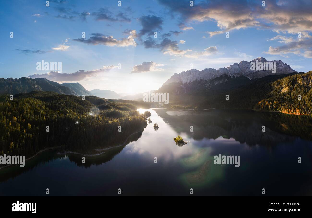 Aerial panorama of lake Eibsee mountain lake with small islands in the ...