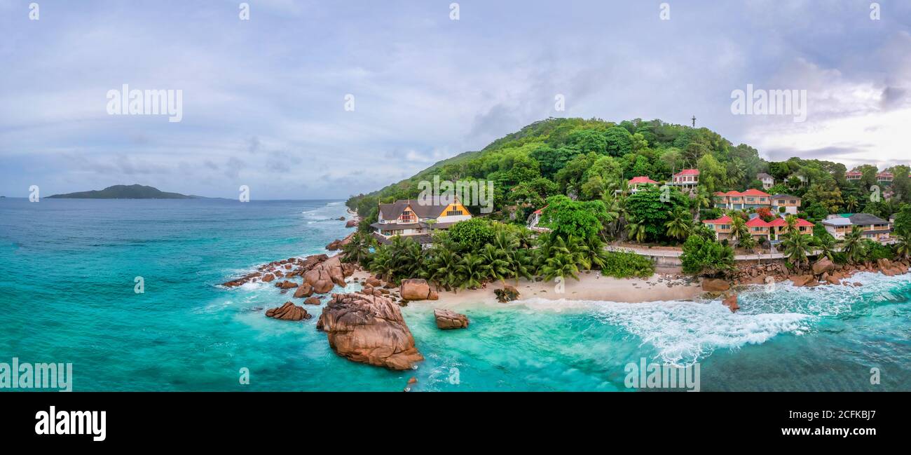 La Digue, Seychelles. Aerial view of Anse Patates at sunset. Stock Photo