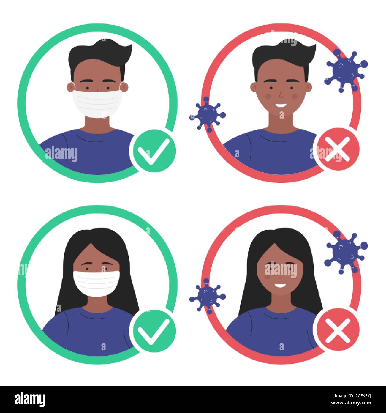 Black African American man woman people without protection mask enter are not allowed flat vector illustration. No entry sign stickers can be used in Store, cafe, supermarket or any public space Stock Vector
