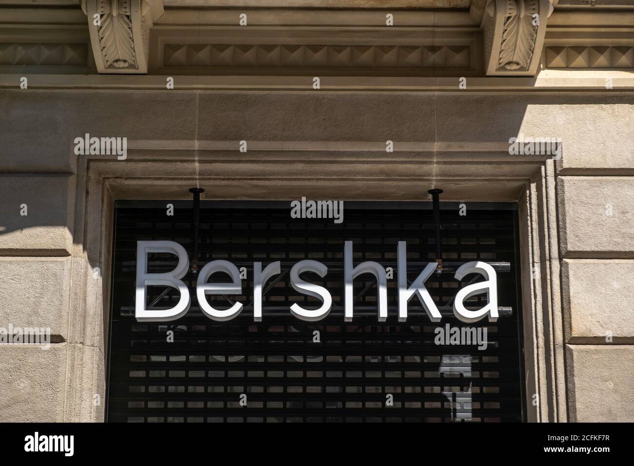 Barcelona, Spain. 06th Sep, 2020. The Bershka logo, one of the Inditex group brands seen at the commercial hub of Portal del l'Àngel de Barcelona.After presenting economic losses for the first time the textile giant Inditex owned by the Spanish Amancio Ortega will close 1,200 stores worldwide, 300 of them in Spain. The Inditex group has already announced the closure of some of its shops in the most expensive street in Spain, Portal del l'Àngel de Barcelona Credit: SOPA Images Limited/Alamy Live News Stock Photo