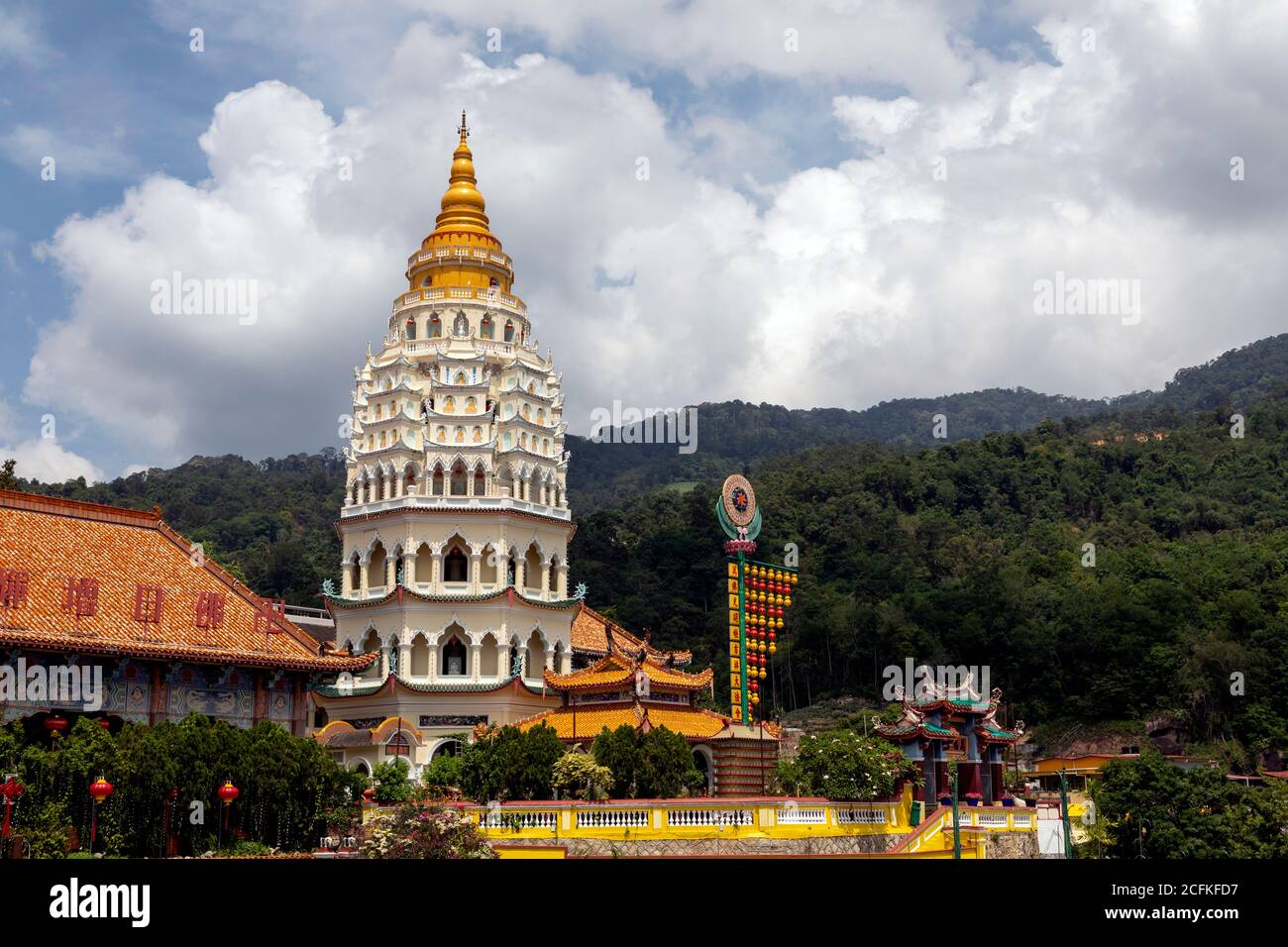 Tri-National Pagoda at the Goddess of Mercy temple in Penang Malaysia Beautiful building against a dramatic sky.. Stock Photo