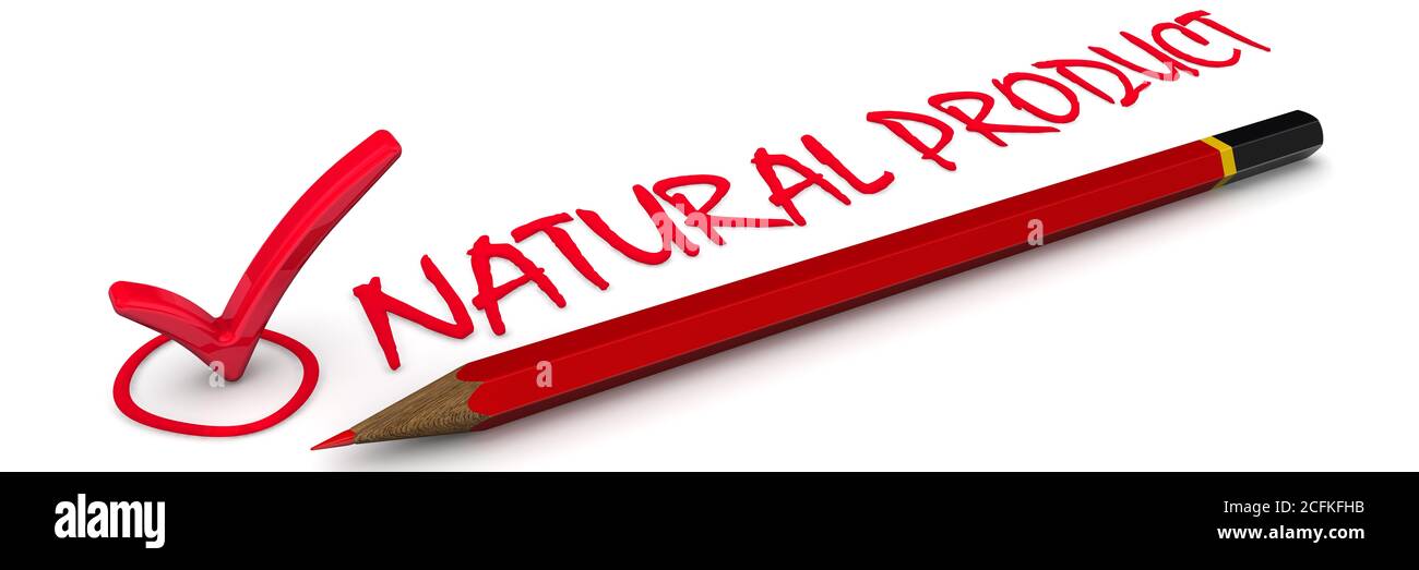 Natural product. The check mark. Red check mark, pencil and the assessment NATURAL PRODUCT. 3D Illustration Stock Photo