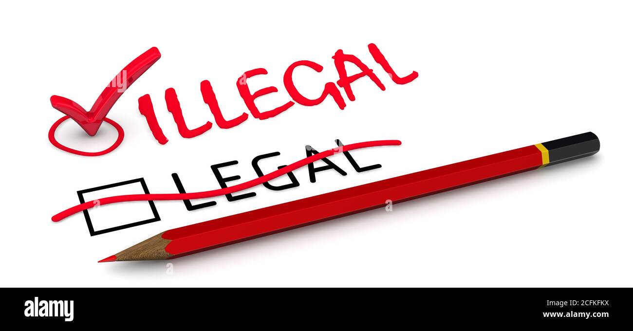 LEGAL is corrected to ILLEGAL. The concept of changing the conclusion. The red pencil corrected word LEGAL to ILLEGAL. 3D Illustration Stock Photo