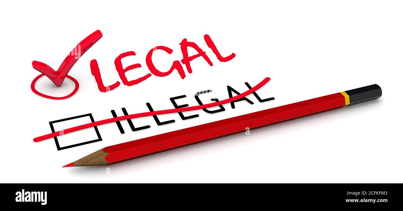 ILLEGAL is corrected to LEGAL. The concept of changing the conclusion. The red pencil corrected word ILLEGAL to LEGAL. 3D Illustration Stock Photo