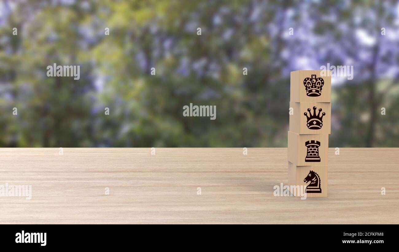 chess symbols, king, queen, tower and horse game wooden cubes on table horizontal over blur background with trees green sky, mock up, template, banner Stock Photo