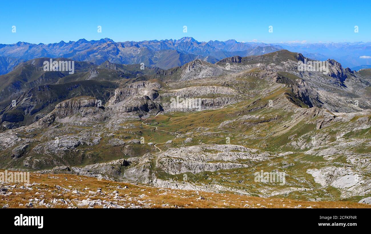 Scenic view of mountains against clear blue sky Stock Photo