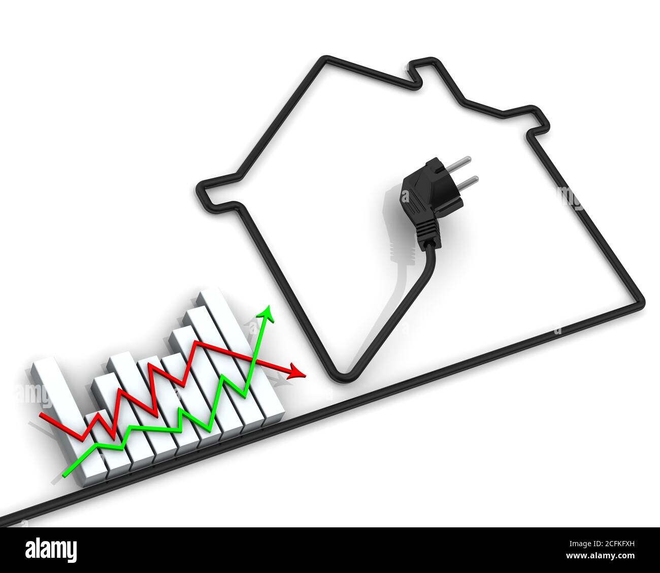 Changes in tariffs for electricity. Graph changes in electricity tariffs and contour houses made of electrical wire. Financial concept Stock Photo