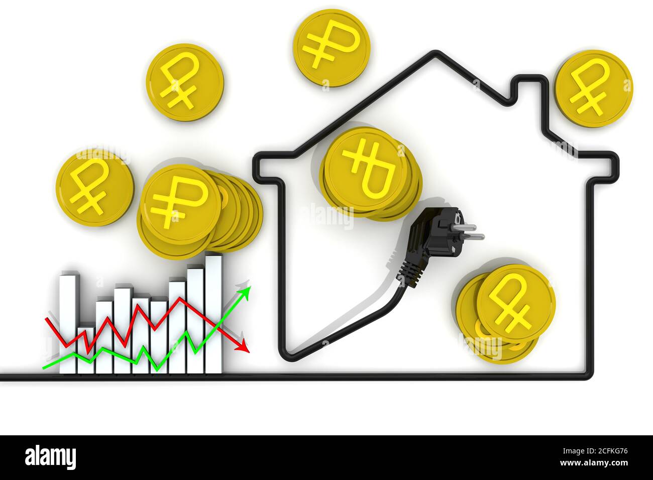 Graph changes in electricity tariffs, contour houses made of electrical wire and golden coins with the symbol of Russian ruble. 3D Illustration Stock Photo