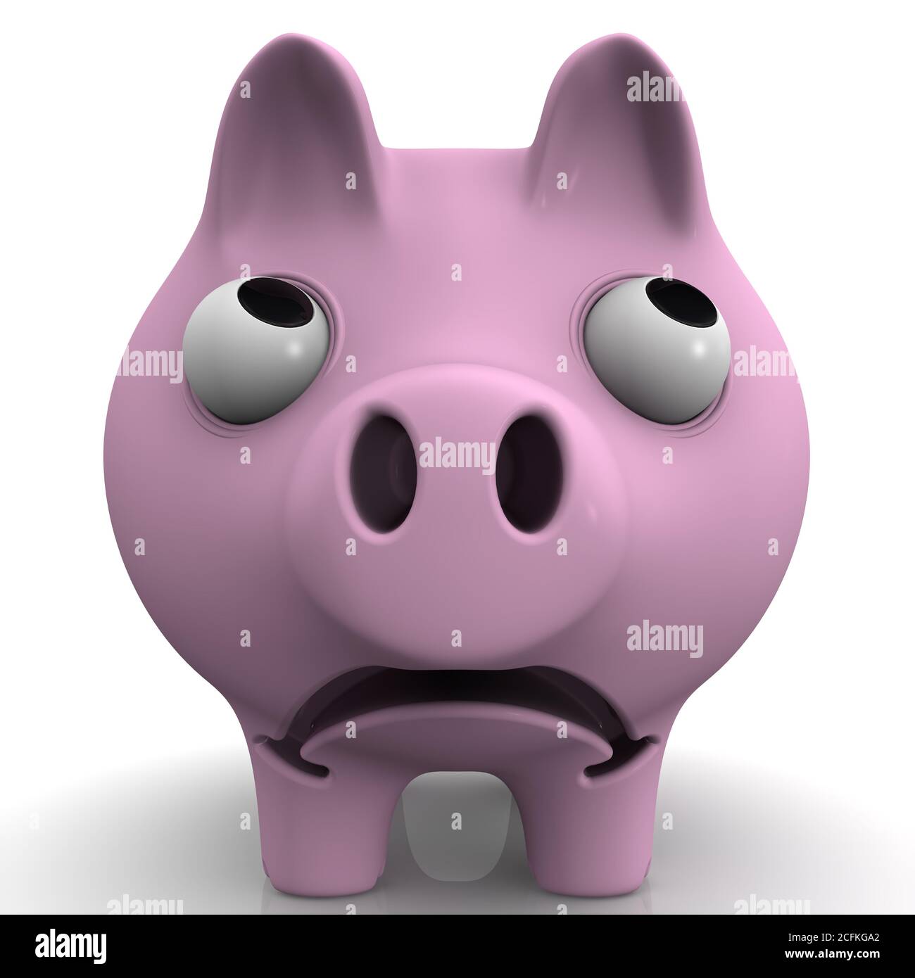 Sad mumps. Sad pig piggy bank with bulging eyes on white surface. Front view. 3D Illustration Stock Photo