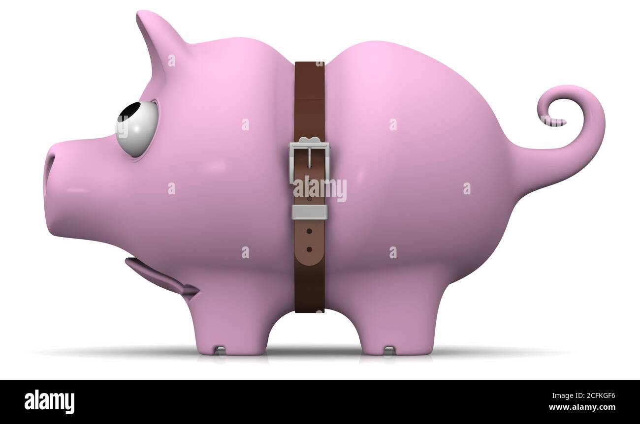 Pig piggy bank in times of economic crisis. Sad Pig piggy bank with tightened strap looks upwards. Financial concept. 3D Illustration Stock Photo