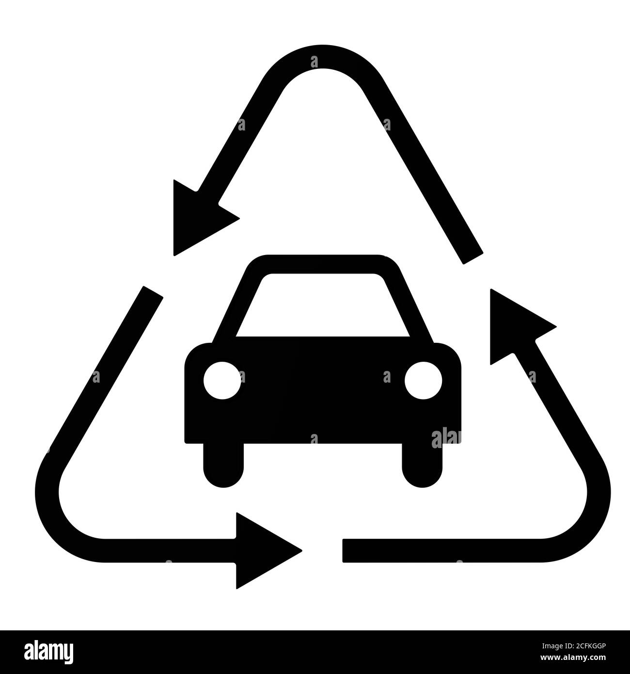 Car recycling sign. One black car symbol and black arrows arranged in a