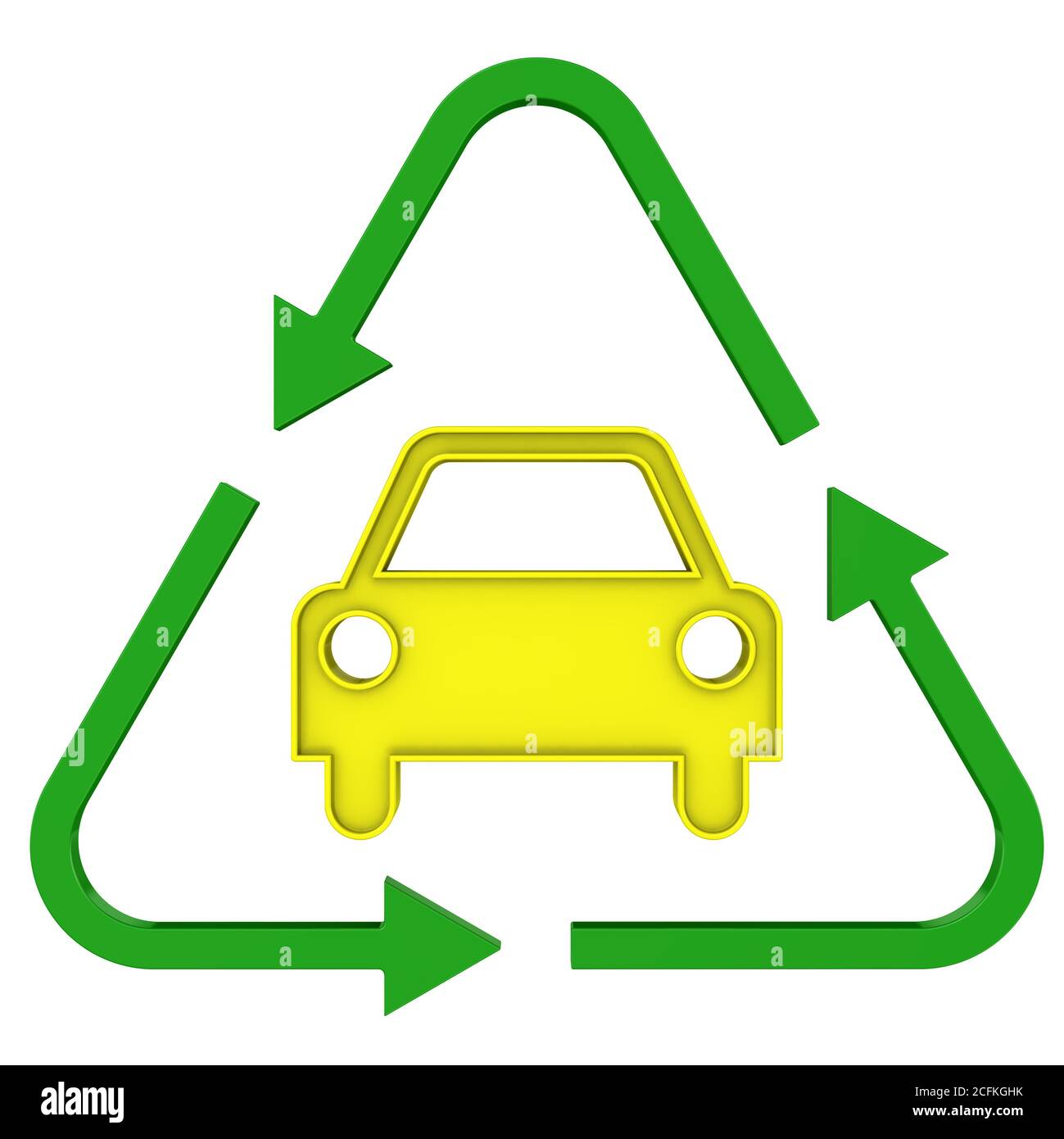 Car recycling sign. Yellow car symbol and green arrows arranged in a triangle shape. Isolated
