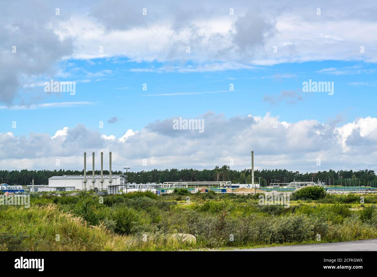 Nord stream in the industrial area of Lubmin near Greifswald, landfall of the natural gas pipeline through the Baltic Sea from Russia to Germany, blue Stock Photo