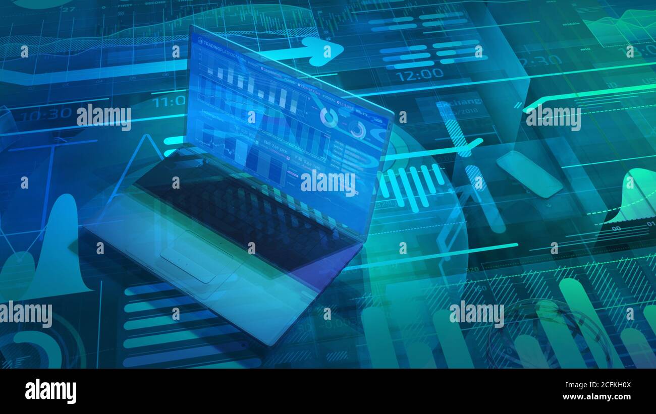 Corporate background with laptop and infographic data Stock Photo - Alamy