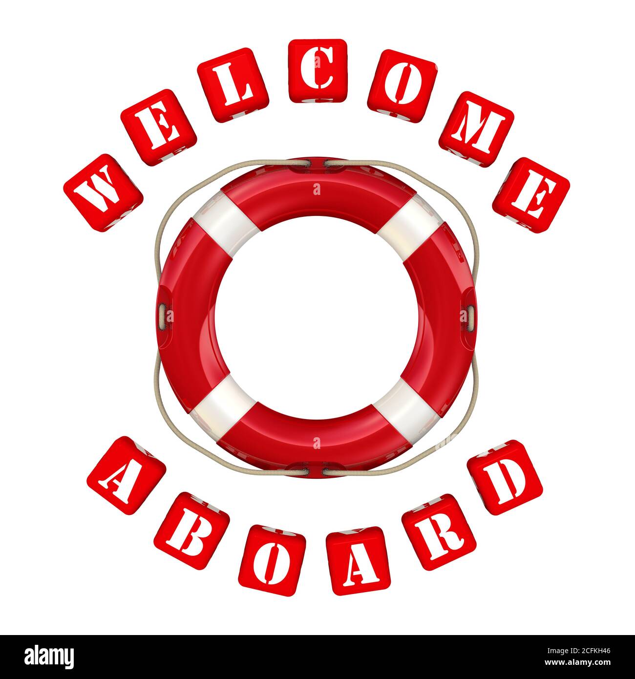 aboard. Lifebuoy and inscription ABOARD made from red cubes. Isolated on a white