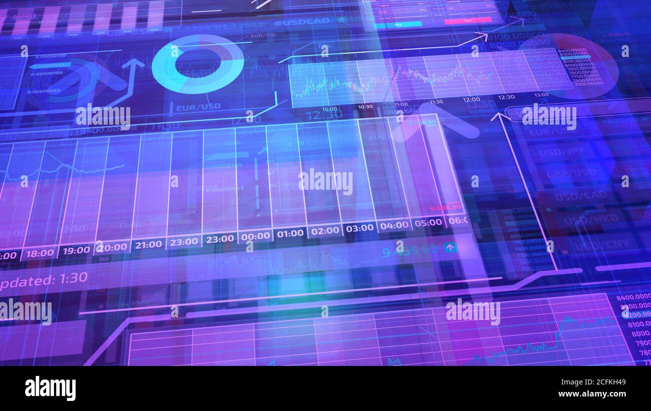 Violet background with layers of stock trading data Stock Photo - Alamy