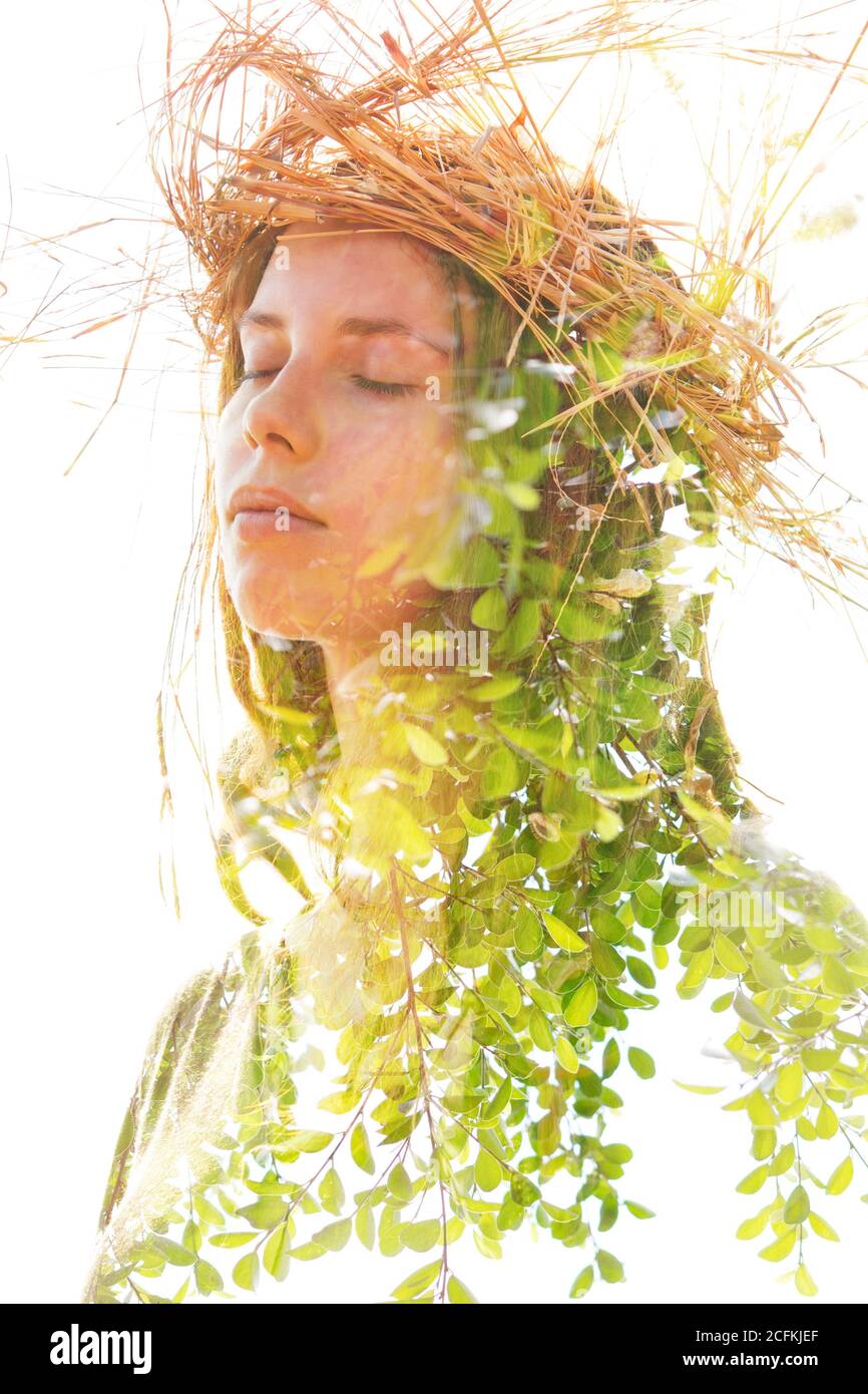 Young woman double exposure portrait with leaves Stock Photo - Alamy