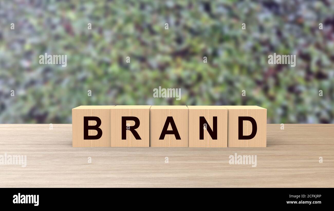 Brand word wooden cubes on table vertical with blur climb green background, mock up, template, business stack step up graph, Risk management. Brand bu Stock Photo
