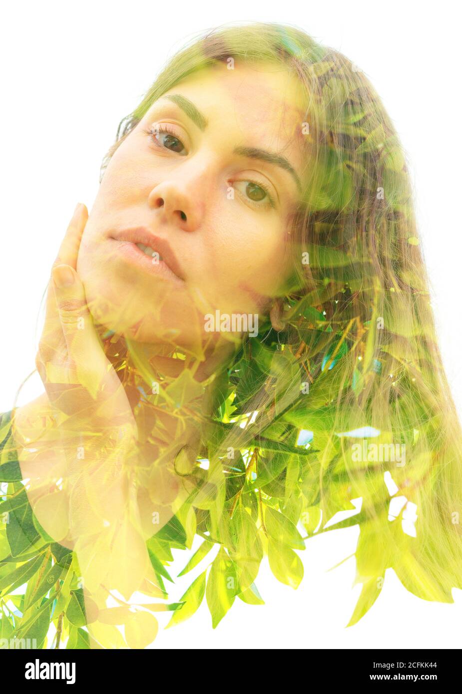 Young woman double exposure portrait with leaves Stock Photo - Alamy