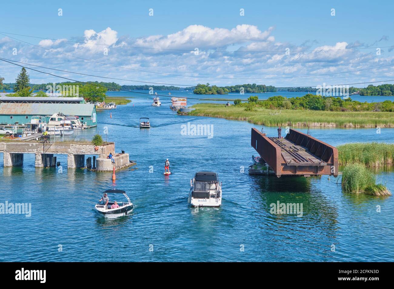 Atherley, Ontario, Canada-September 5, 2020: Pleasure boaters pass through the Narrows in Atherley Ontario on the last long weekend of the summer. Stock Photo