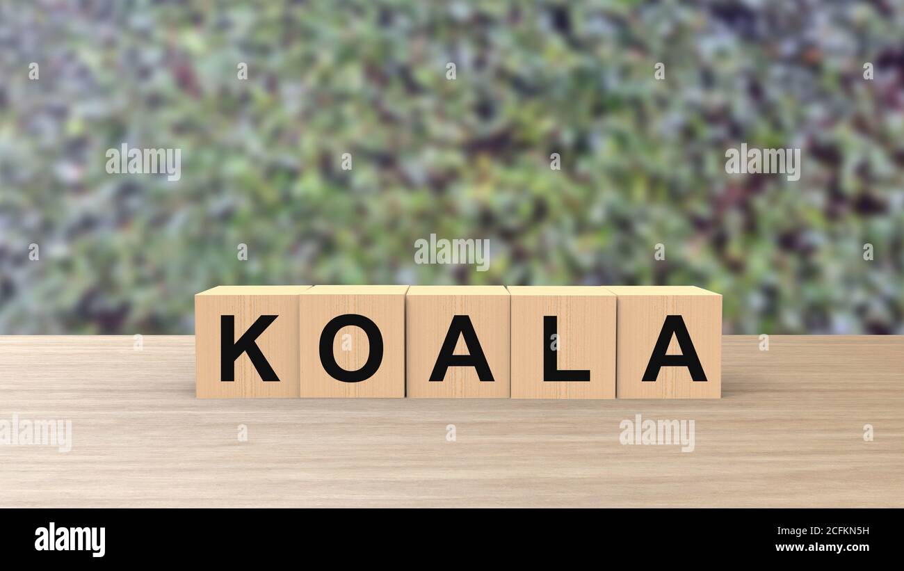 Koala word wooden cubes on table blur background climbing green