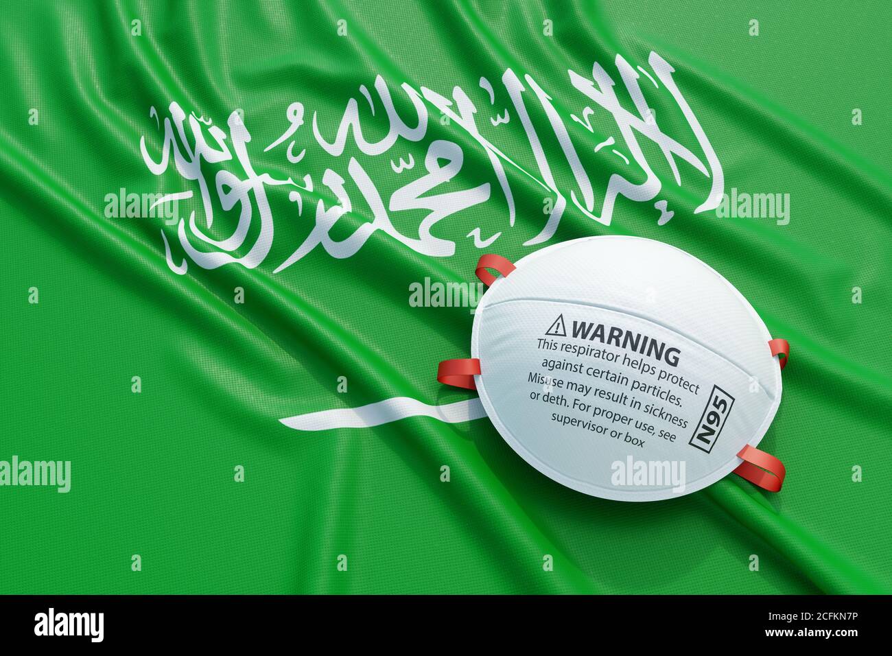 Coronavirus medical surgical face mask on the Saudi Arabian national flag. Illness, pandemic, virus covid-19 in Saudi Arabia, concept 3d rendering ill Stock Photo