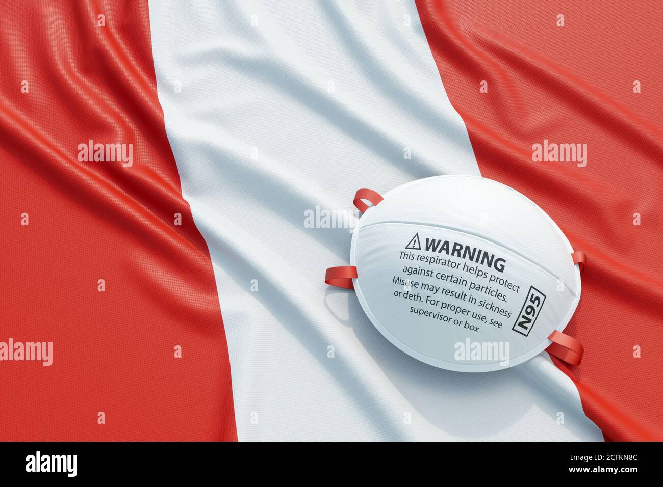 Coronavirus medical surgical face mask on the Peruvian national flag. Illness, pandemic, virus covid-19 in Peru, concept 3d rendering illustration Stock Photo