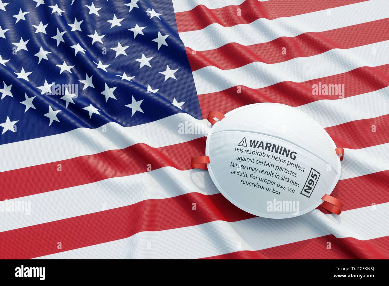 Coronavirus medical surgical face mask on the USA national flag. Illness, pandemic, virus covid-19 in America, concept 3d rendering illustration Stock Photo