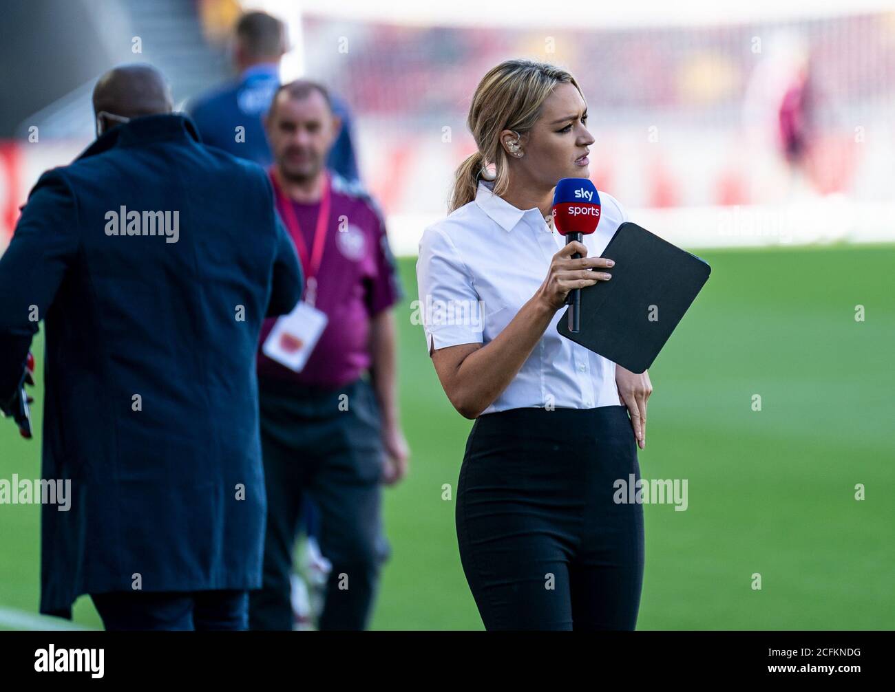 Brentford, UK. 06th Sep, 2020. Skysports presenter Laura Woods during the Carabao Cup 1st round match behind closed doors between Brentford and Wycombe Wanderers at the Brentford Community Stadium, Brentford, England on 6 September 2020. Photo by Liam McAvoy/PRiME Media Images. Credit: PRiME Media Images/Alamy Live News Stock Photo
