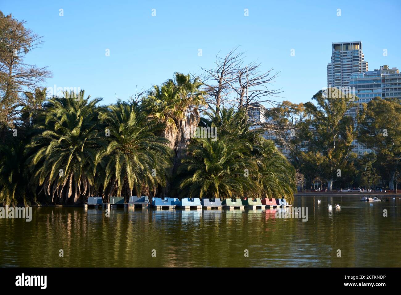 CABA, Buenos Aires, Argentina; Ago 21, 2020: Bosques de Palermo Lake with its rental boats not working because of the coronavirus pandemic, covid19 Stock Photo