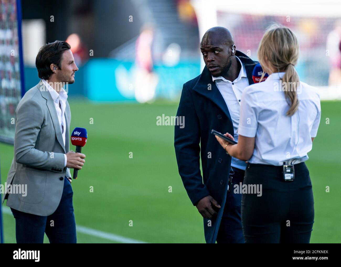 Brentford, UK. 06th Sep, 2020. Adebayo Akinfenwa of Wycombe Wanderers as a pundit on Skysports during the Carabao Cup 1st round match behind closed doors between Brentford and Wycombe Wanderers at the Brentford Community Stadium, Brentford, England on 6 September 2020. Photo by Liam McAvoy/PRiME Media Images. Credit: PRiME Media Images/Alamy Live News Stock Photo