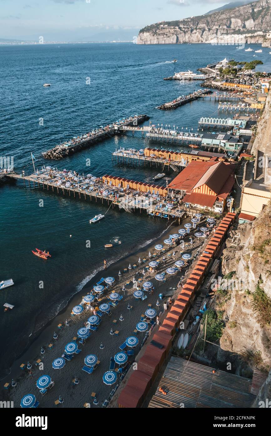 Sorrento, Italy -August 26 2020: Lionelli's Beach and Marameo Beach Club in Sorrento with Umbrellas in Summer Stock Photo