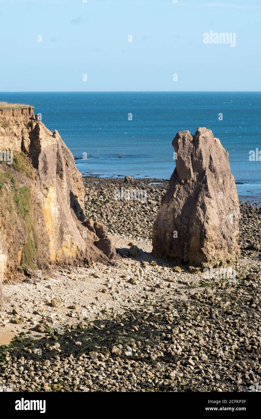 A sea stack on Ryhope beach, seen from the England Coast Path, north east England, UK Stock Photo