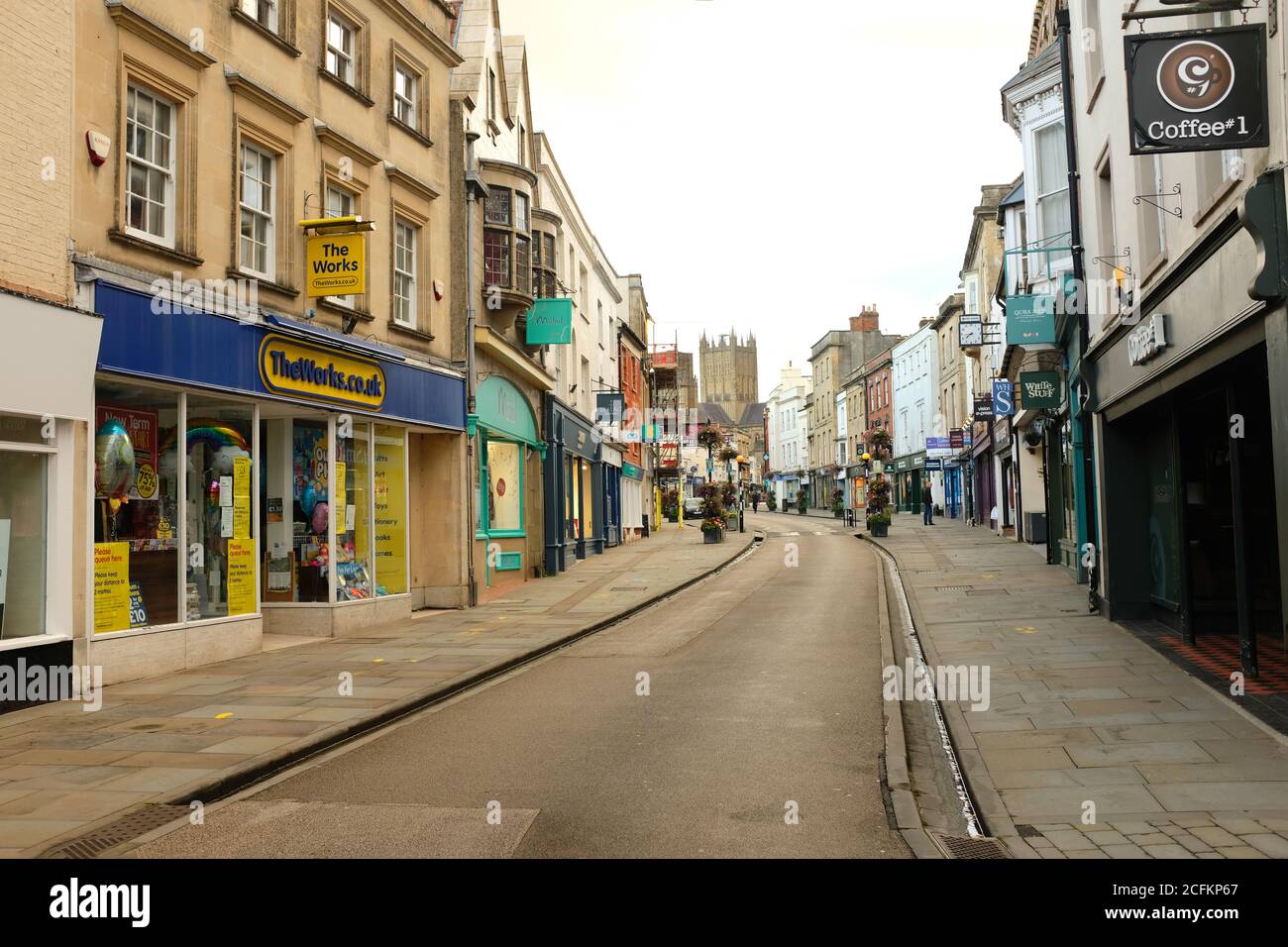 September 2020 - Deserted high street in the city of Wells in Somerset ...