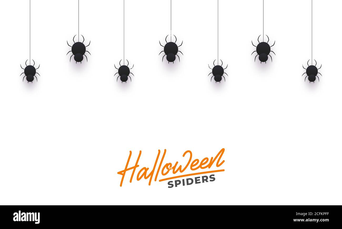 Halloween hanging spiders. Background with lettering and black spiders ...