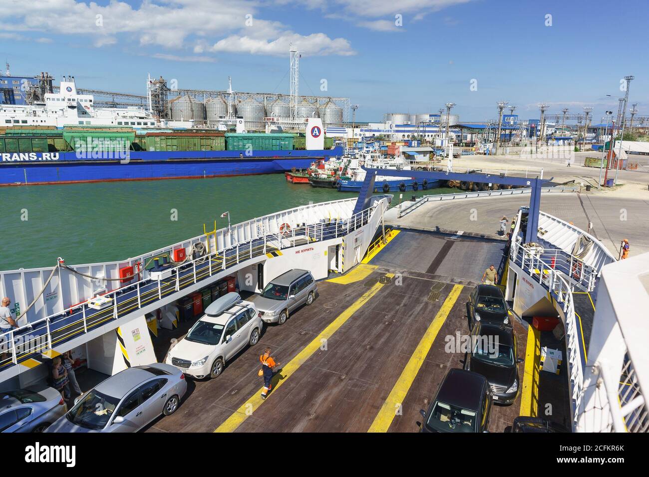 Russia, the Kerch Strait - September 02.2017: Loading cars on the ferry 'Major Capiche' cargo in the port of Crimea Stock Photo