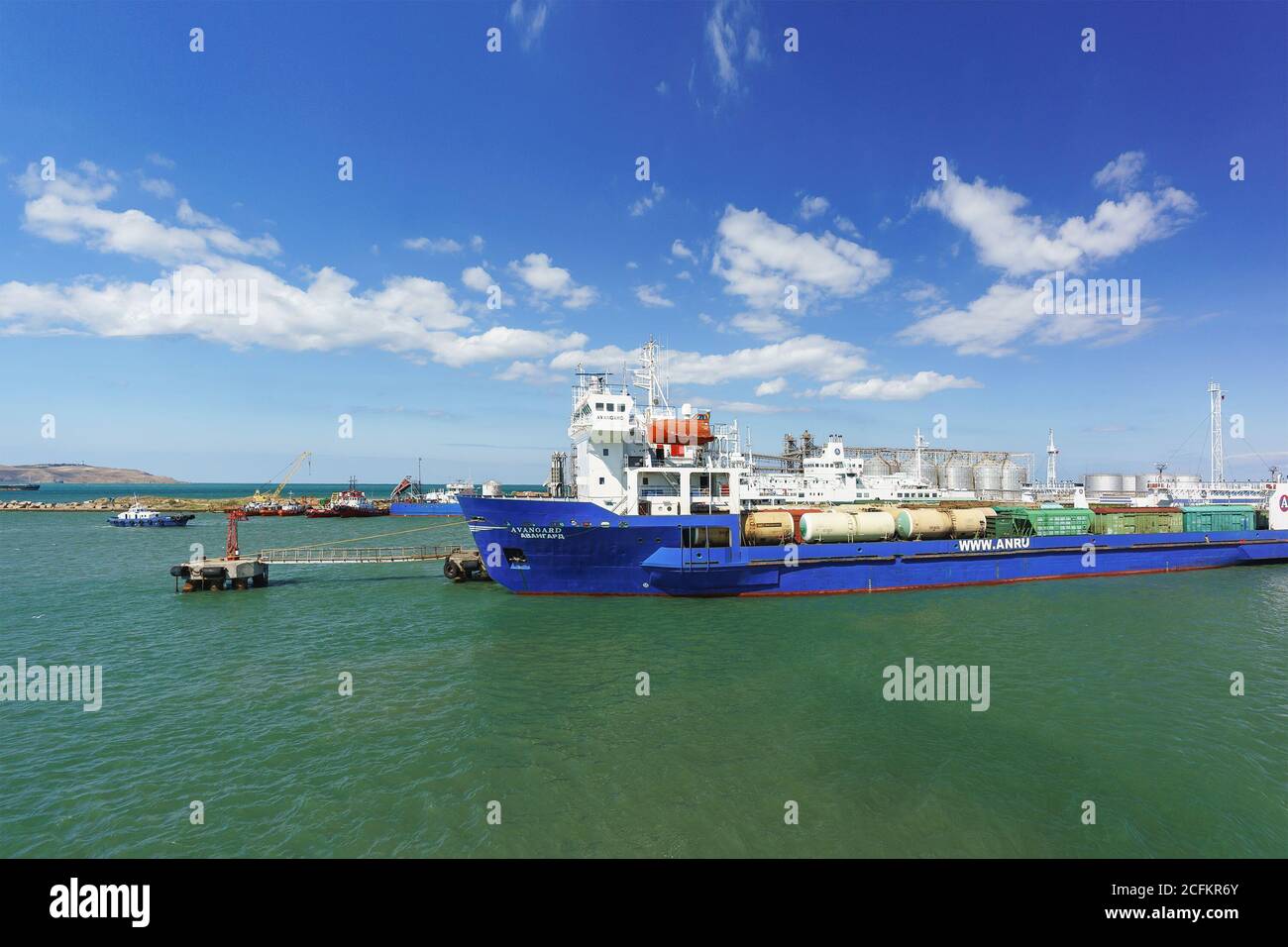 Russia, the Kerch Strait - September 02.2017: Cargo ferry 'Avangard' for the crossing of railway cars is on the loading in the port of Kavkaz Stock Photo