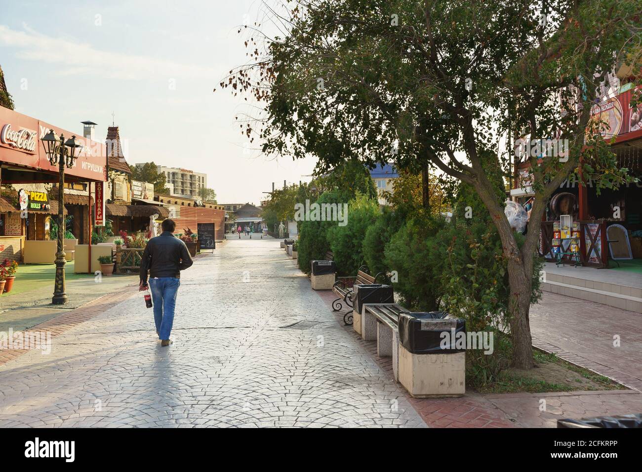 Russia, Krasnodar region, poselok Vityazevo - September 30.2017: Empty autumn pedestrian Boulevard Paralia in the black sea resort village Stock Photo